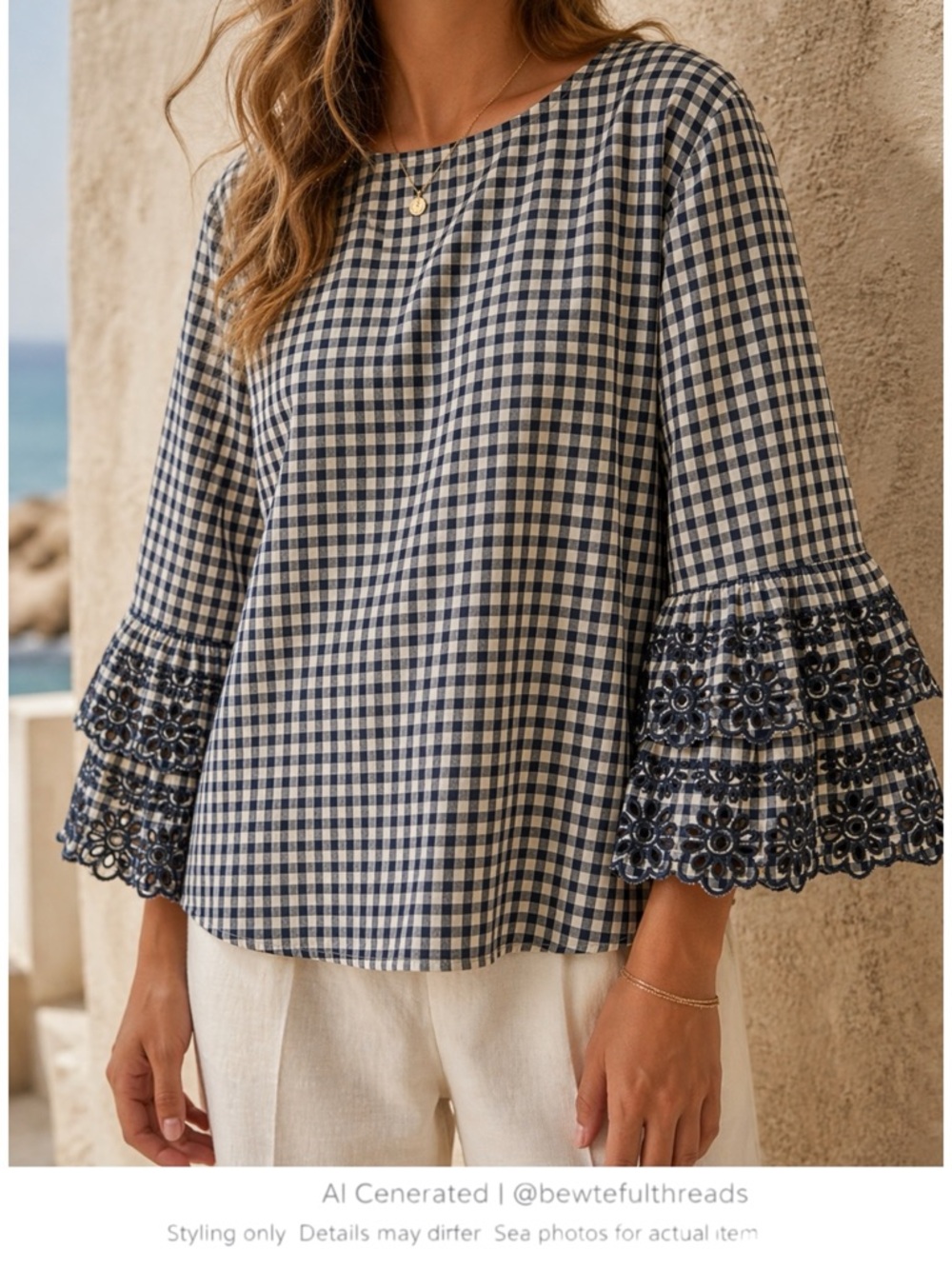 Gingham Ruffle Sleeve Eyelet Blouse Cottagecore Coastal Boho Top L